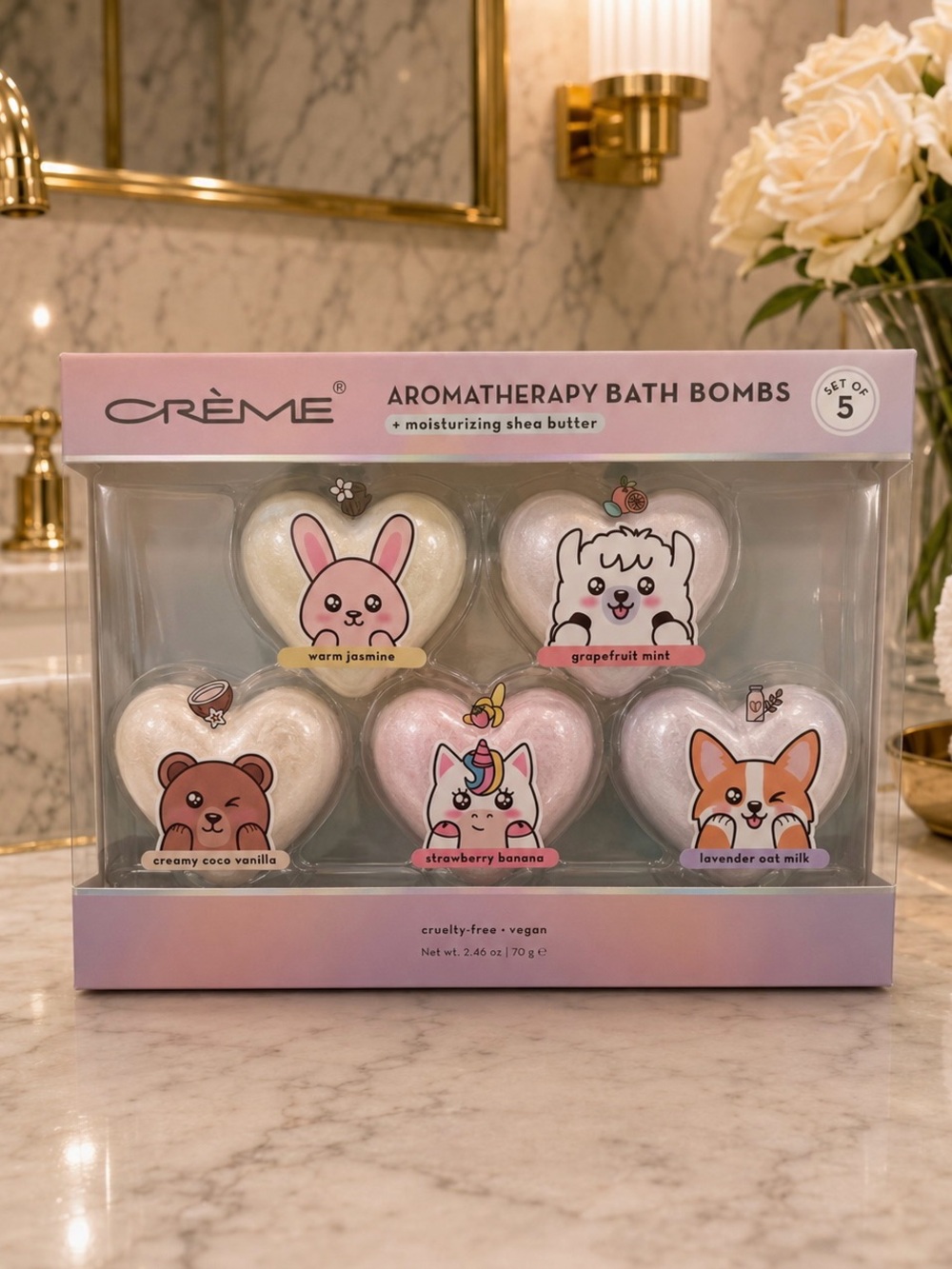CRÈME Aromatherapy Heart Bath Bombs Set Of Five, Moisturizing Shea Butter